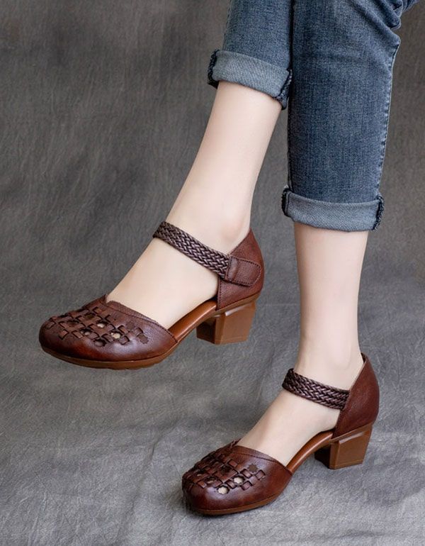 Forår Retro Læder Håndlavede Vævede Chunky Heels Sko