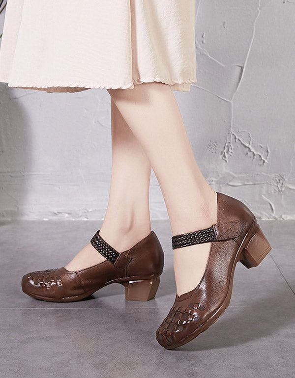 Forår Sommer Velcro Retro Læder Chunky Heels