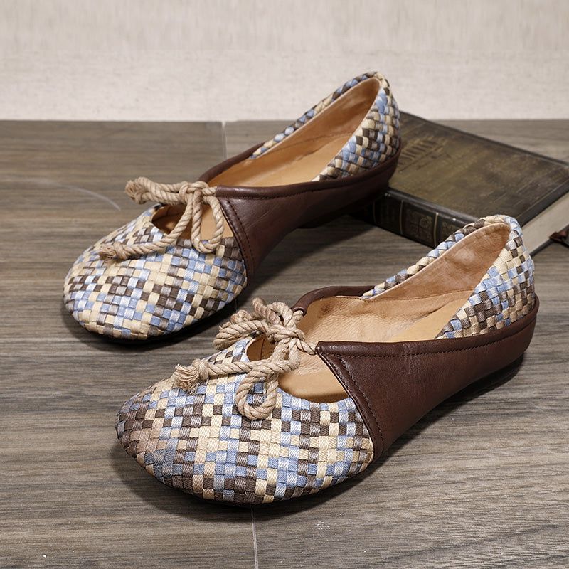 Forår Vintage Læder Vævet Dame Flats