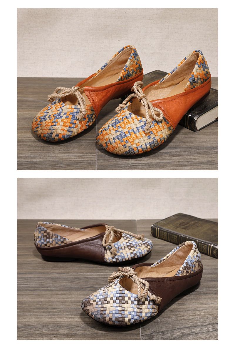 Forår Vintage Læder Vævet Dame Flats