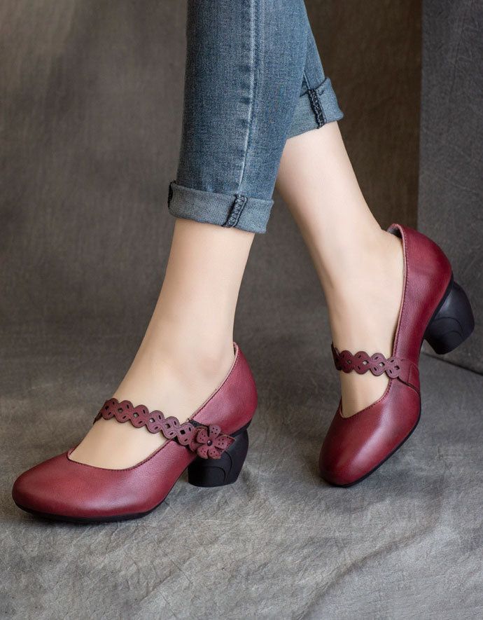 Håndlavet Flower Velcro Retro Chunky Heels