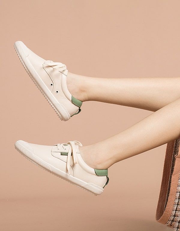 Spring Beige Læder Sneakers Til Damer