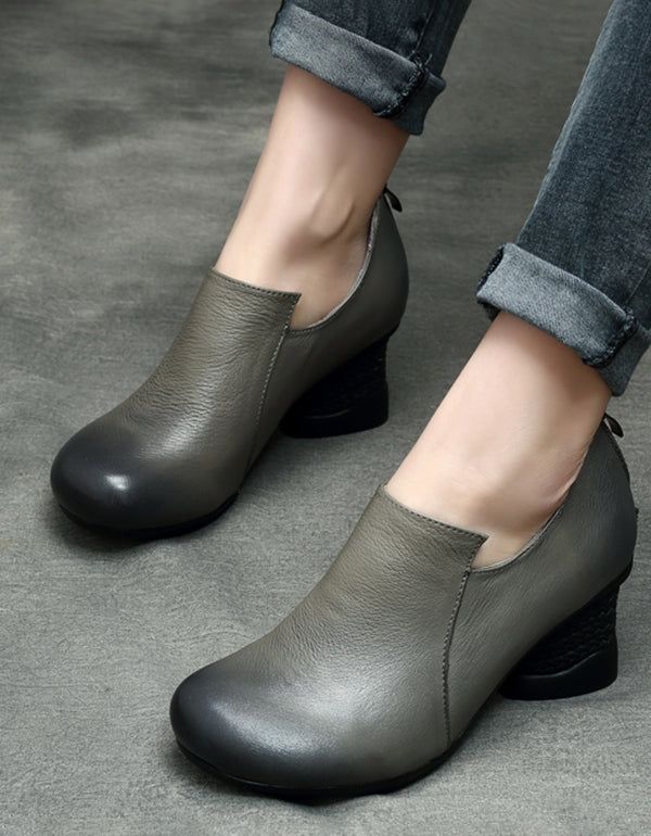 Spring Læder Chunky Heel Håndlavede Damesko