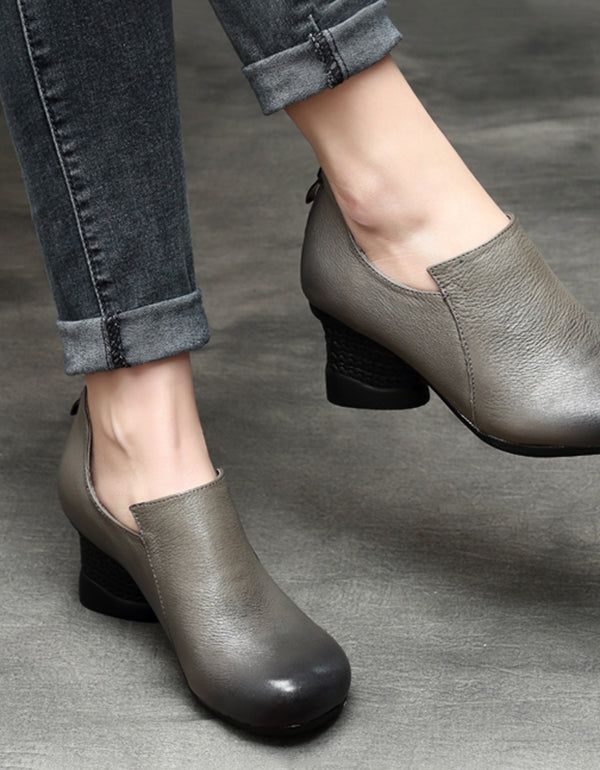 Spring Læder Chunky Heel Håndlavede Damesko