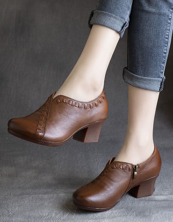 Spring Retro Læder Chunky Heel Sko