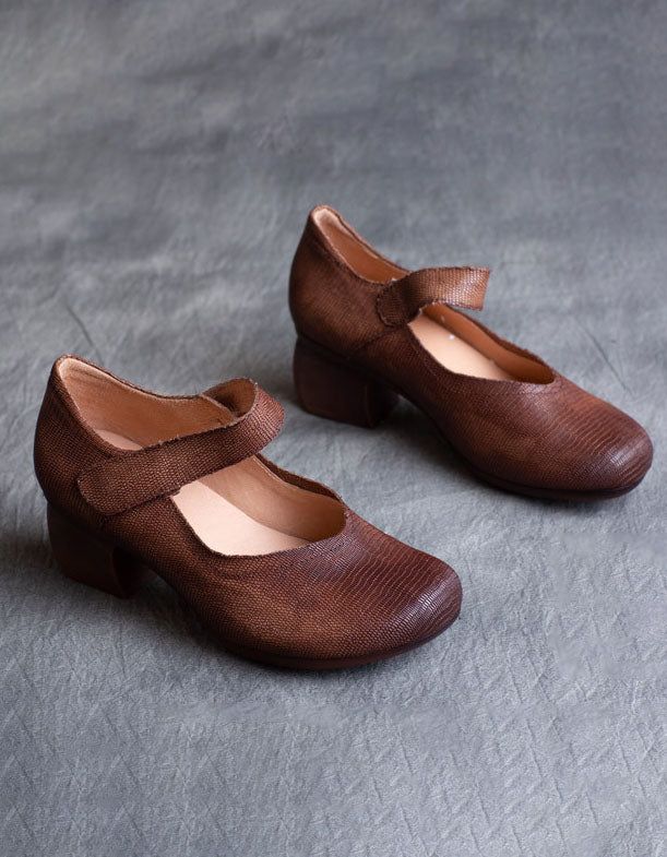 Vintage Læder Komfortable Chunky Heels Pumps