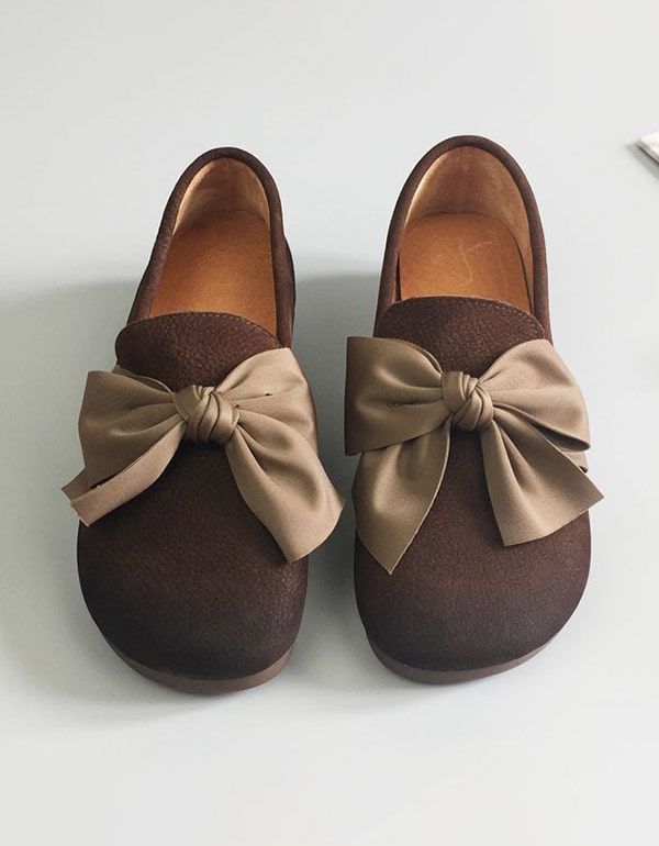 Blødt Læder Med Rund Hoved Bowknot Retro Flade Sko