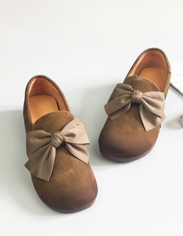 Blødt Læder Med Rund Hoved Bowknot Retro Flade Sko