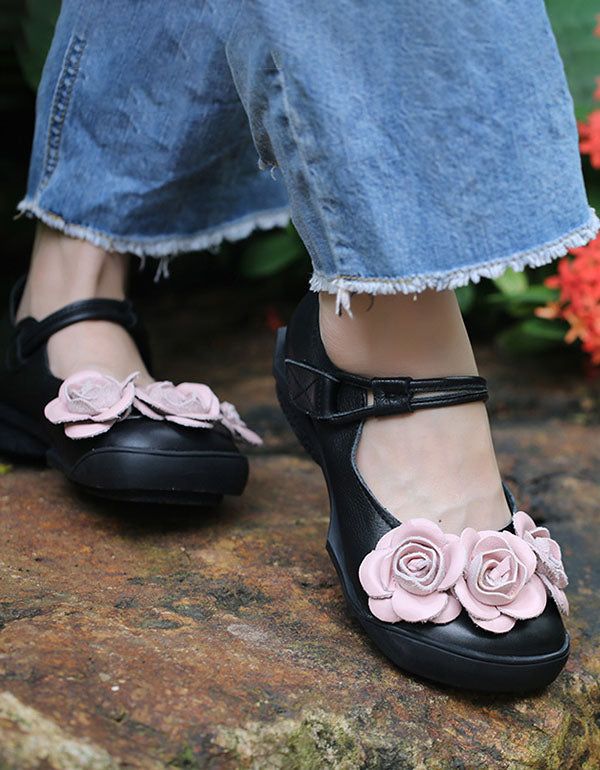 Håndlavet Flower Retro Læder Flats Sort