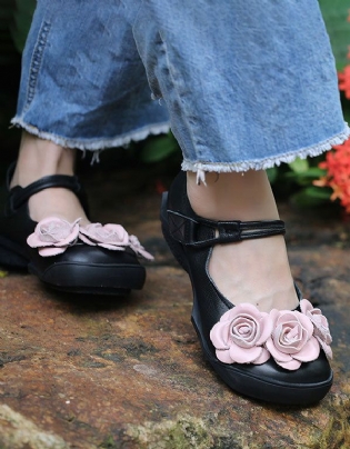 Håndlavet Flower Retro Læder Flats Sort