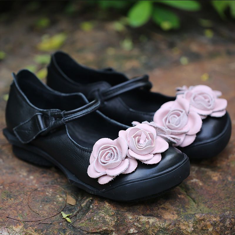 Håndlavet Flower Retro Læder Flats Sort