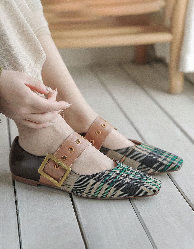 Plaid Low Square Head Mary Jane Chic Flats