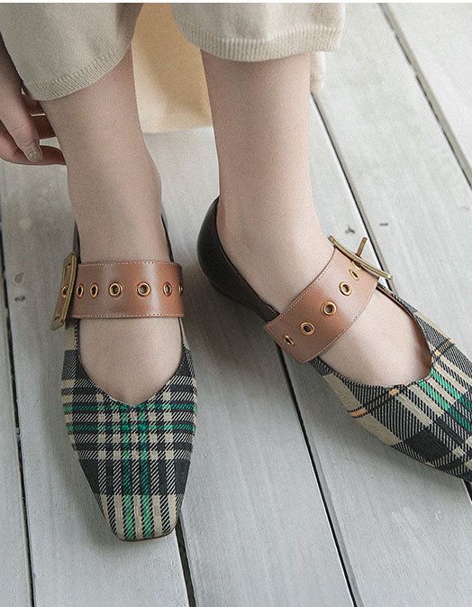 Plaid Low Square Head Mary Jane Chic Flats