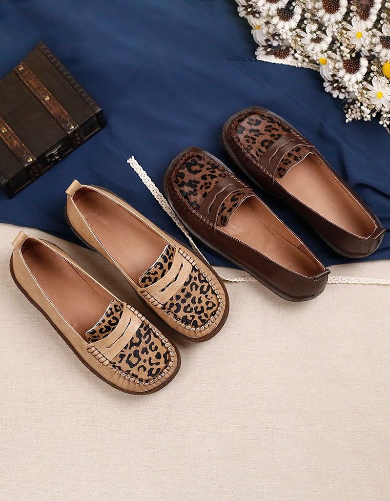 Retro Læder Leopard Flade Komfortable Loafers