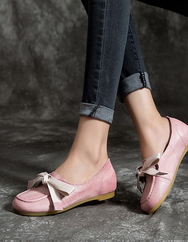 Retro Læder Pink Runde Hoved Flats