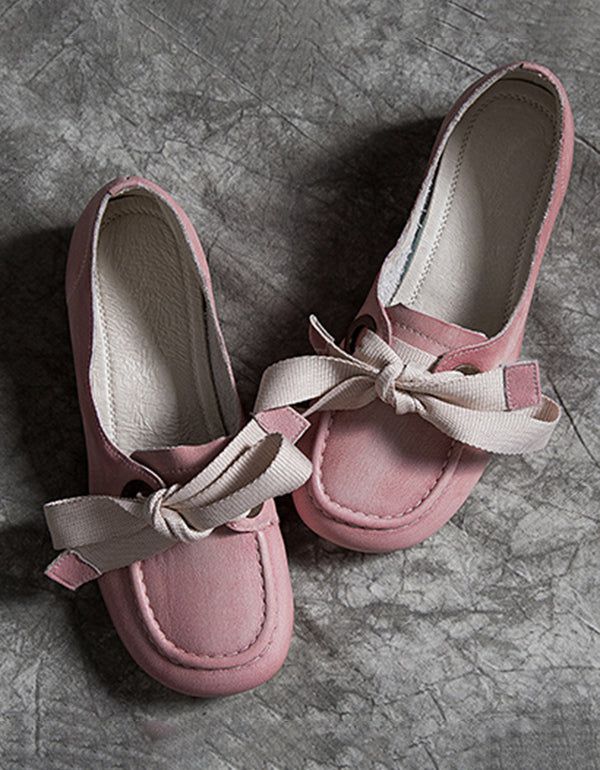 Retro Læder Pink Runde Hoved Flats