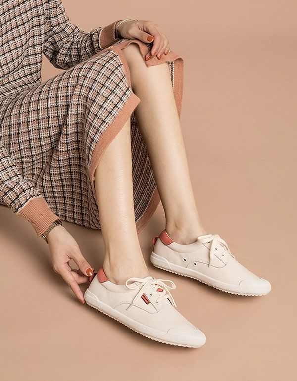 Spring Beige Læder Sneakers Til Damer