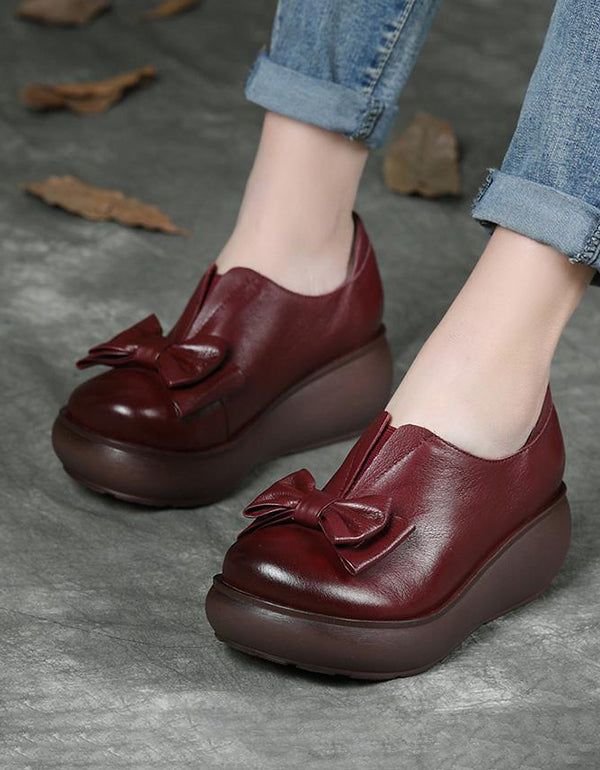 Autumn Læder Retro Bowknot Platform Sko