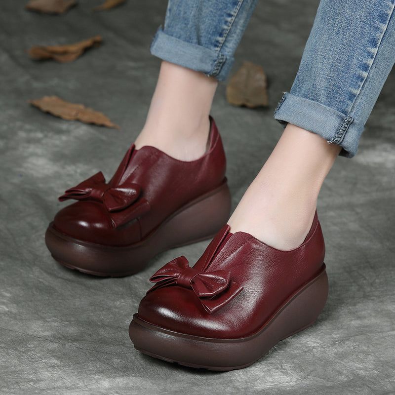 Autumn Læder Retro Bowknot Platform Sko