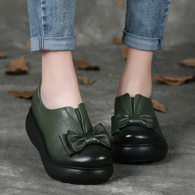 Autumn Læder Retro Bowknot Platform Sko