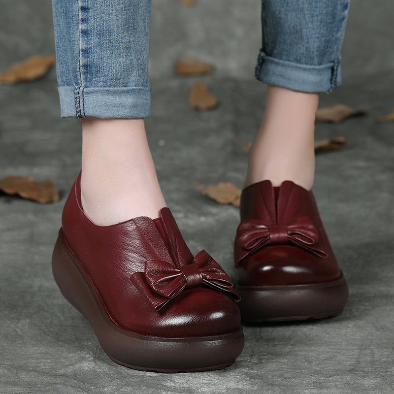 Autumn Læder Retro Bowknot Platform Sko