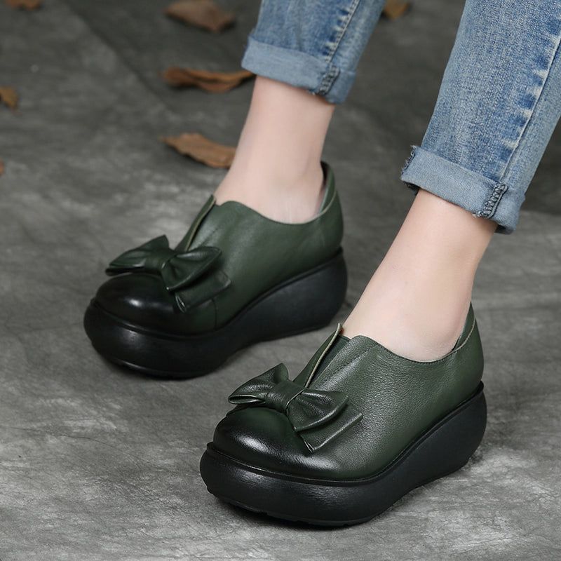 Autumn Læder Retro Bowknot Platform Sko