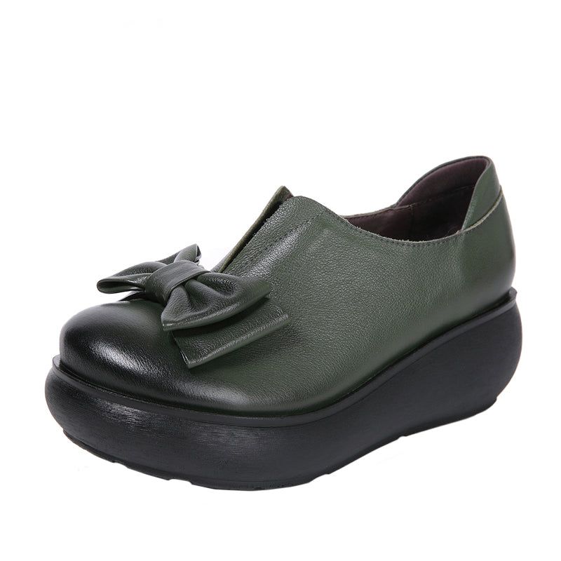 Autumn Læder Retro Bowknot Platform Sko