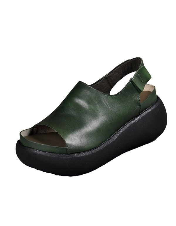 Sommer Retro Læder Sandaler Med Åben Tå Kilehæl