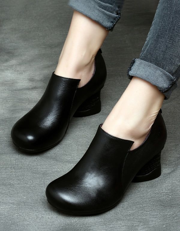 Spring Læder Chunky Heel Håndlavede Damesko