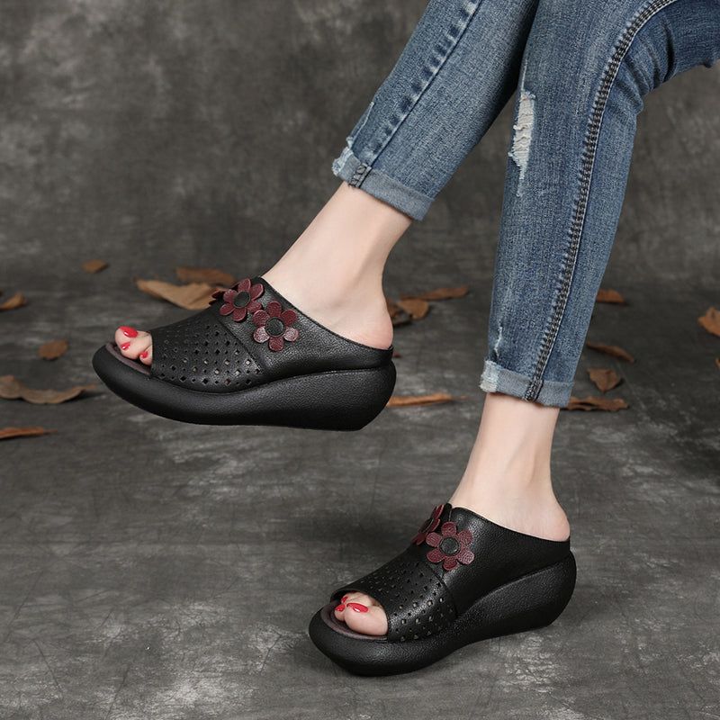 Dame Retro Læder Flower Wedge Slides