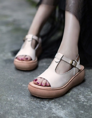 Sommer Læder Open Toe Fashion Wedge Sandaler