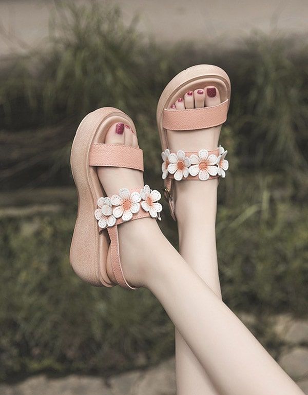 Summer Flower Læder Wedge Beach Sandaler