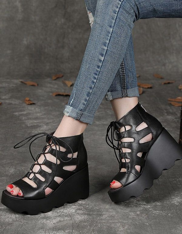 Summer Wedge Lace Up Roman Sandaler Sort